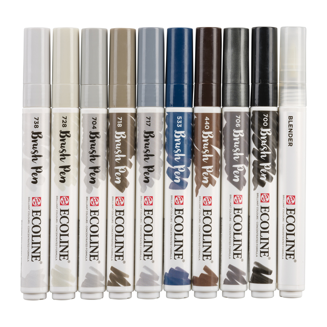 Brushpen Talens Ecoline set à 10 stuks grijs