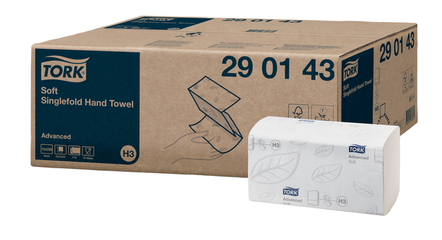Handdoek Tork H3 Advanced singlefold 2-laags 226x230mm 15×250 vel wit 290143