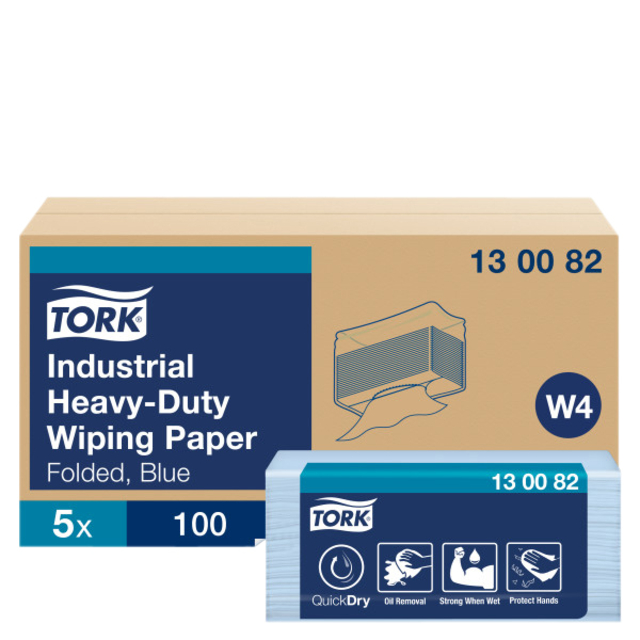 Reinigingsdoek Tork W4 Premium Heavy-Duty Industrial gevouwen 3-laags 5×100 vel blauw 130082