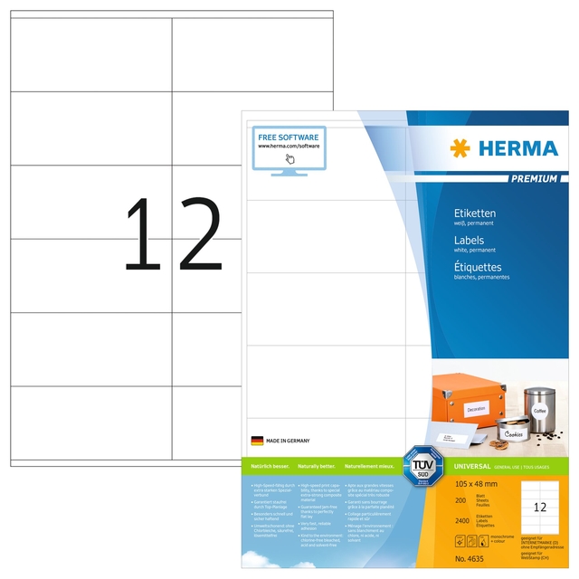 Etiket HERMA 4635 105x48mm premium wit 2400 etiketten