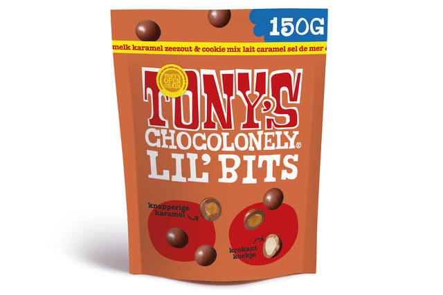 Chocolade Tony’s Chocolonely Lil’ Bits melk karamel zeezout & cookie 150 gram
