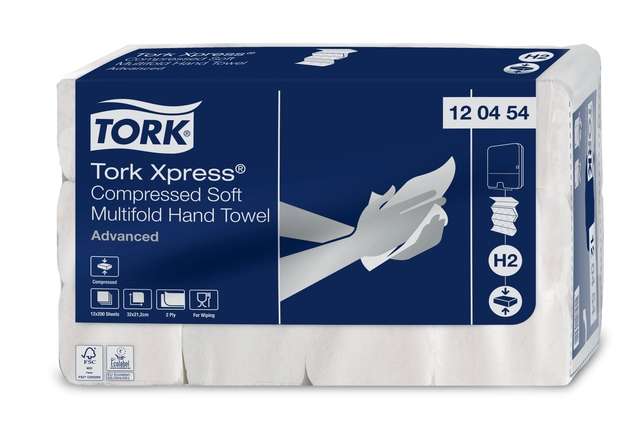 Handdoek Tork H2 Xpress compressed Advanced multifold 2-laags 212x320mm 12×200 vel wit 120454