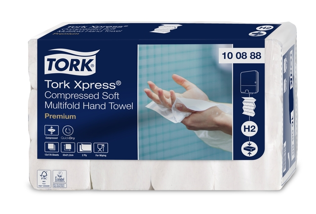 Handdoek Tork H2 Xpress compressed Premium multifold 2-laags 212x320mm 12×170 vel wit 100888