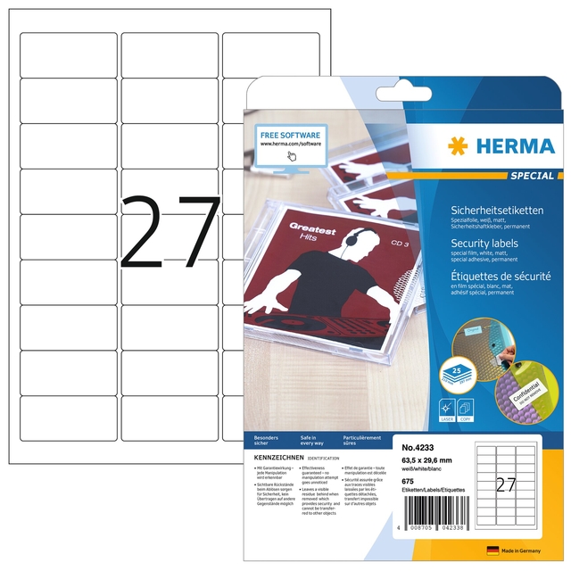 Veiligheidsetiket HERMA 4233 63.57×29.6mm wit 675 etiketten