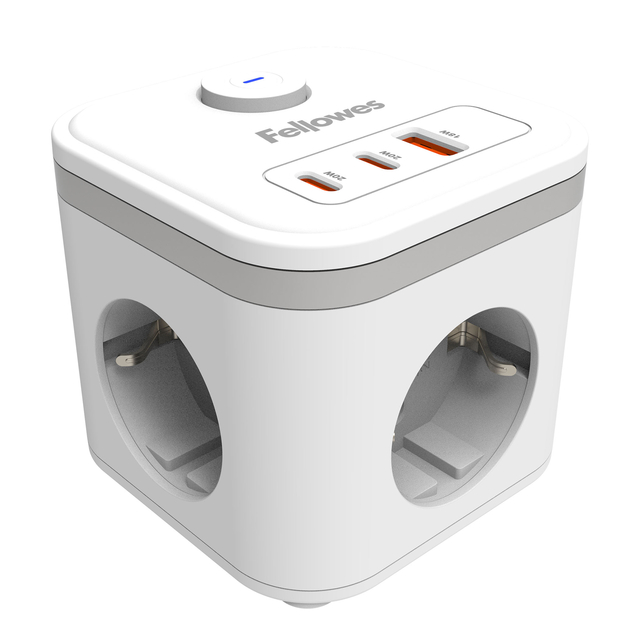 Stekkerblok Fellowes Power Cube F 3 voudig 1xUSB A 2xUSB C 2 meter wit