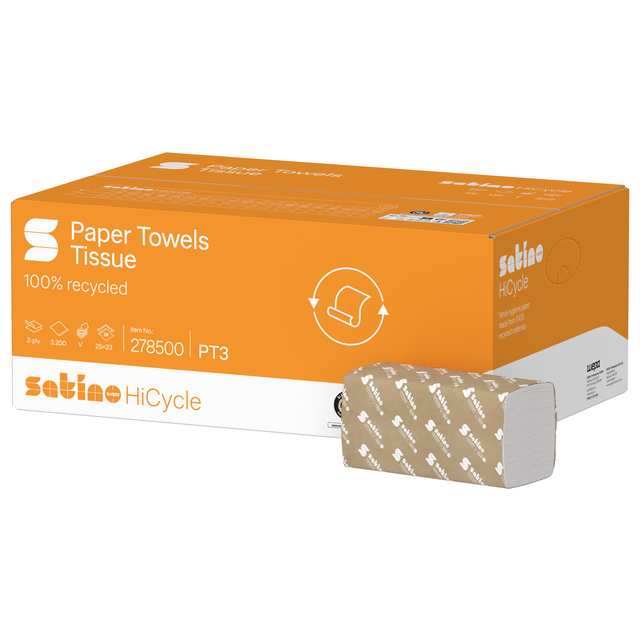 Handdoek Satino PT3 HiCycle v-vouw 2-laags 250x230mm 20×160 vel wit 278500