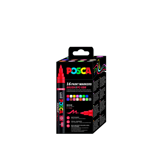 Paintmarker Uni POSCA PC-5BR brushpunt medium set à 16 kleuren