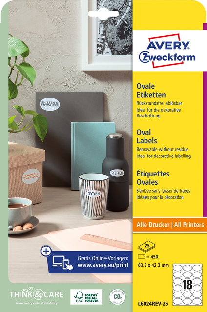Etiket Avery L6024REV-25 63.5×42.3mm wit 450 stuks