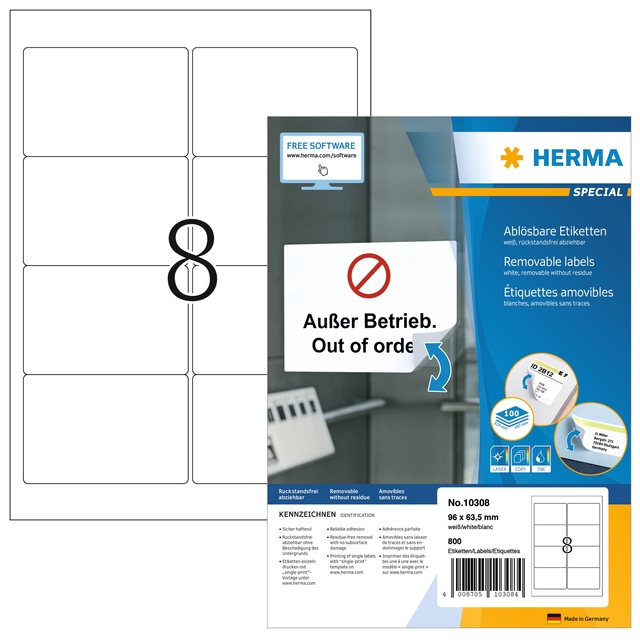 Etiket HERMA 10308 96×63.5mm verwijderbaar wit 800 stuks