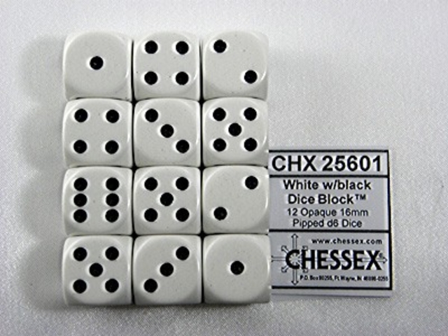 Dobbelsteen Chessex White/black D6 16mm set à 12 stuks