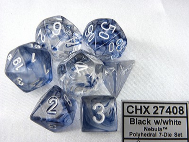 Dobbelsteen Chessex  Polydice Nebula Black/white set à 7 stuks
