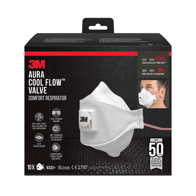 Stofmasker 3M Aura Comfort Cool Flow 9332 FFP3 met ventiel 10 stuks