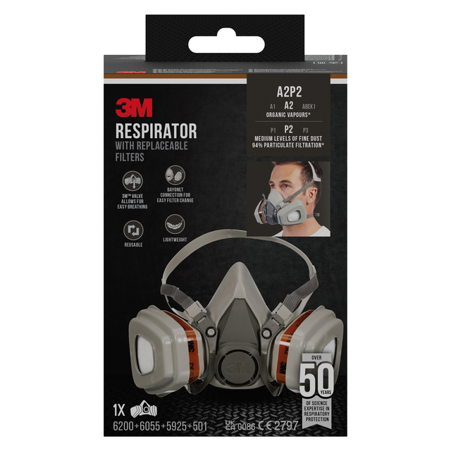 Mondmasker 3M met vervangbare filters 6002KIT-1, A2P2 organische dampen