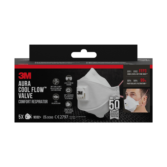 Stofmasker 3M Aura Comfort Cool Flow 9332 FFP3 met ventiel 5 stuks
