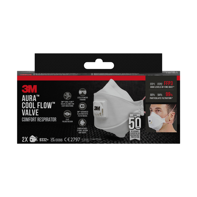 Stofmasker 3M Aura Comfort Cool Flow 9332 FFP3 met ventiel 2 stuks