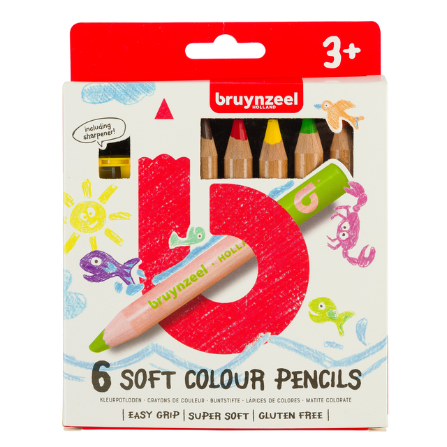 Kleurpotloden Bruynzeel Kids dik waskrijt blister à 6 stuks assorti