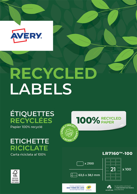 Etiket Avery LR7160-100 63.5×38.1mm recycled wit 2100 etiketten