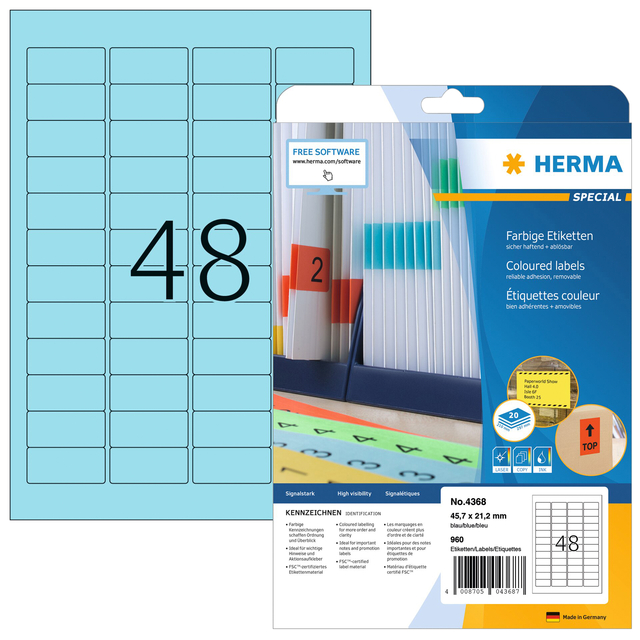 Etiket HERMA 4368 45.7×21.2mm verwijderbaar blauw 960 etiketten