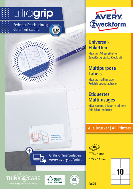 Etiket Avery Zweckform 3425 105x57mm wit 1000stuks
