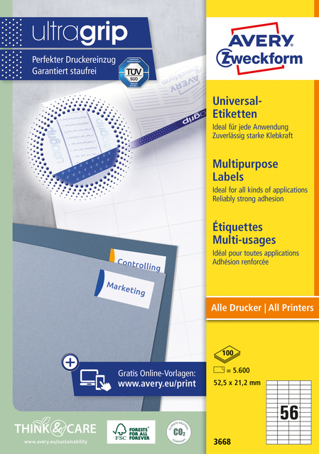 Etiket Avery Zweckform 3668 52.5×21.2mm wit 5600stuks