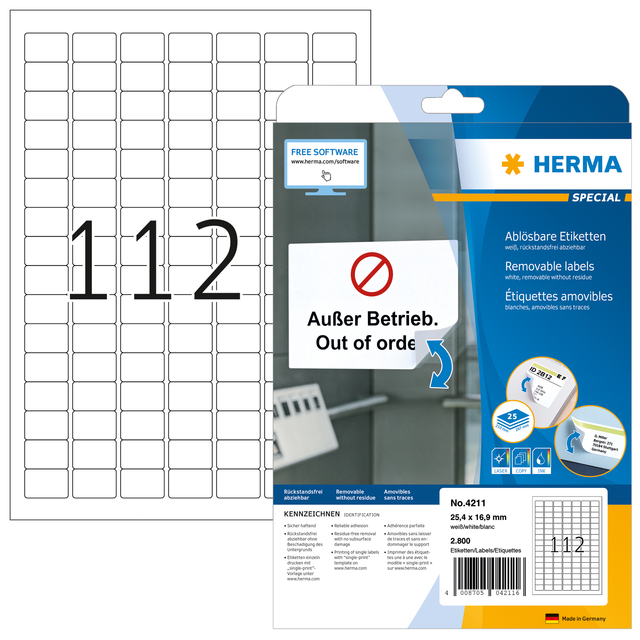 Etiket HERMA 4211 25.4×16.9mm verwijderbaar wit 2800 etiketten