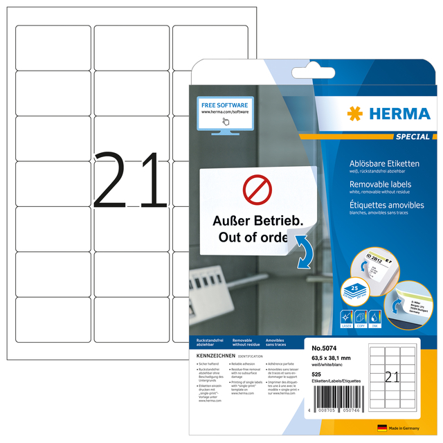 Etiket HERMA 5074 63.5×38.1mm verwijderbaar wit 525 etiketten