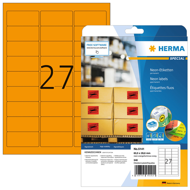 Etiket HERMA 5141 63.5×29.6mm neon oranje 540 etiketten