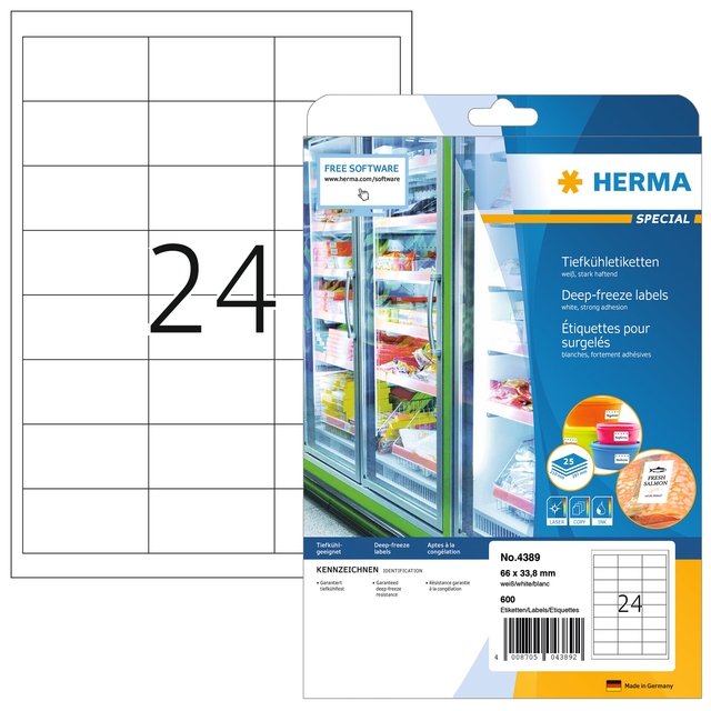 Etiket HERMA 4389 66×33.8mm diepvries wit 600stuks