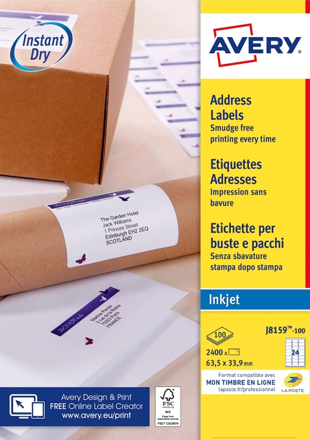 Etiket Avery J8159-100 63.5×33.9mm wit 2400 etiketten