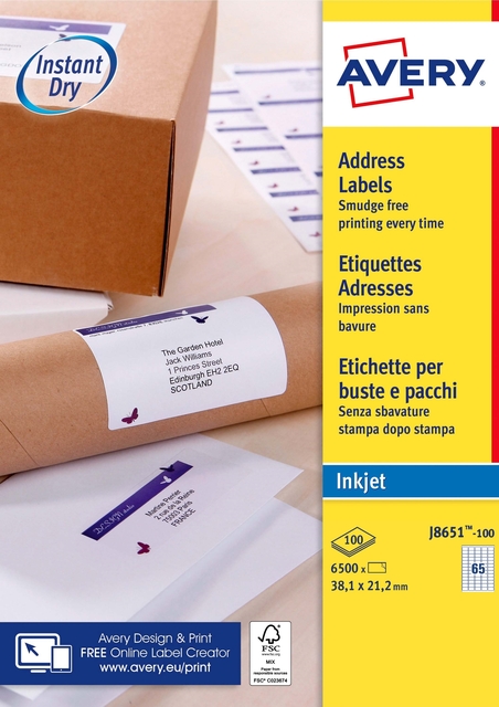 Etiket Avery J8651-100 38.1×21.2mm wit 6500stuks