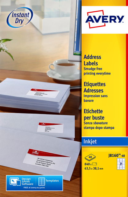 Etiket Avery J8160-40 63.5×38.1mm wit 840 etiketten