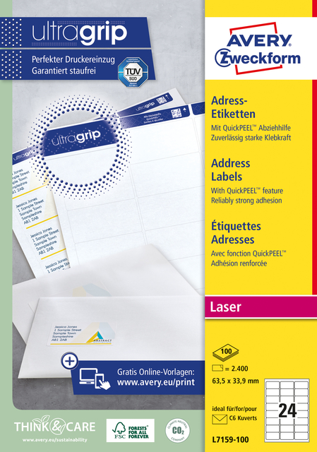 Etiket Avery L7159-100 63.5×33.9mm wit 2400stuks