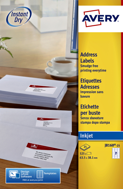 Etiket Avery J8160-10 63.5×38.1mm wit 210 etiketten