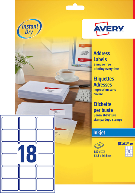 Etiket Avery J8161-10 63.5×46.6mm wit 180 etiketten