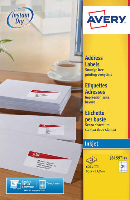 Etiket Avery J8159-25 63.5×33.9mm wit 600 etiketten