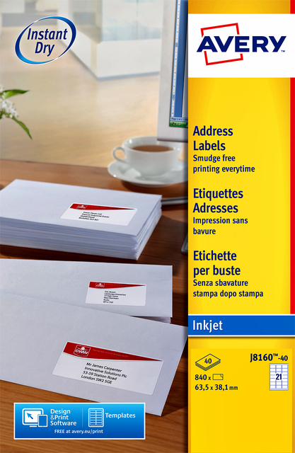 Etiket Avery J8160-25 63.5×38.1mm wit 525 etiketten
