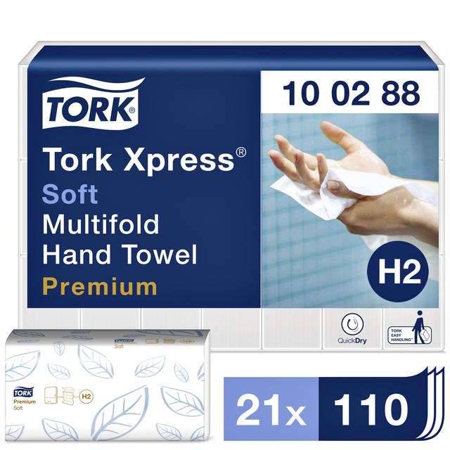 Handdoek Tork H2 Xpress Premium multifold 2-laags 212x340mm 21×110 vel wit 100288