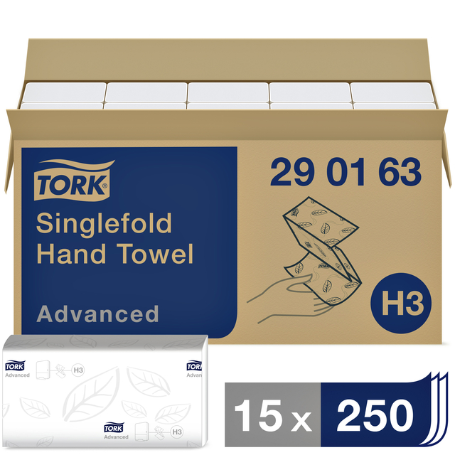 Handdoek Tork H3 Advanced singlefold 2-laags 248x230mm 15×250 vel wit 290163