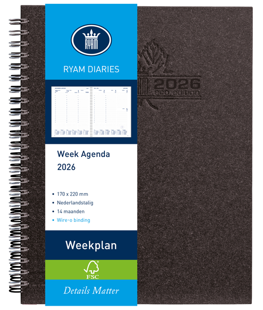 Agenda 2026 Ryam Weekplan Wire-o 7dagen/2pagina’s zwart