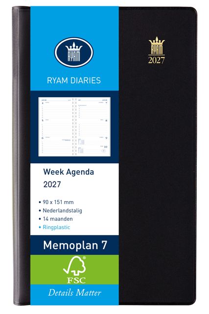 Agenda 2027 Ryam Memoplan 7 Suprema ringplastic 7dagen/2pagina’s zwart
