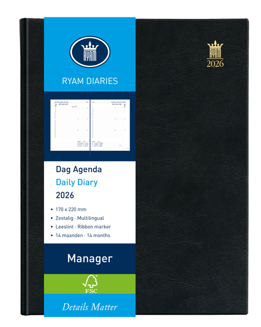 Agenda 2026 Ryam Manager Mundior 1dag/1pagina zwart