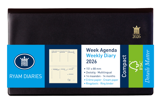 Agenda 2026 Ryam Compact Suprema 7dagen/2pagina’s ringplastic zwart