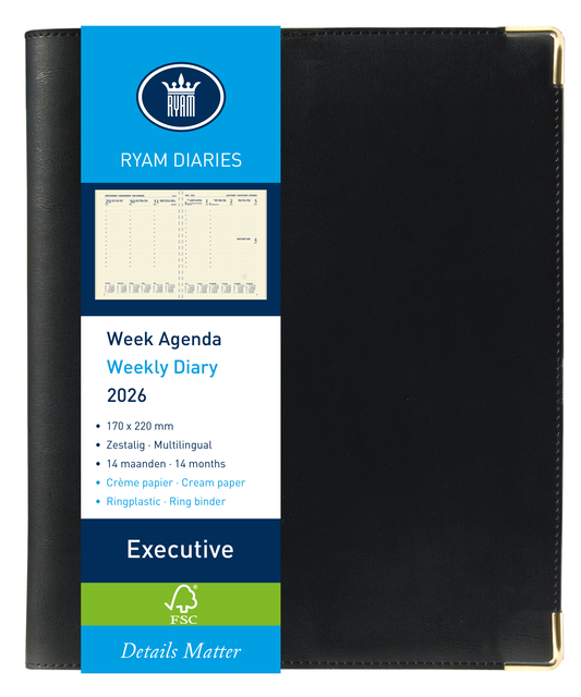 Agenda 2026 Ryam Executive Nappa 7dagen/2pagina’s ringplastic zwart