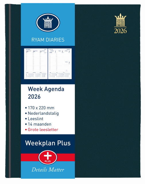 Agenda 2026 Ryam Weekplan Plus Mercury groot letter 7dagen/2pagina’s zwart