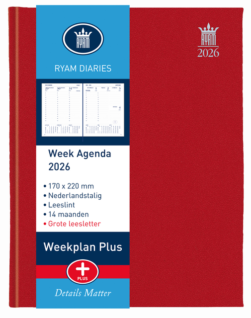 Agenda 2026 Ryam Weekplan Plus Mercury 7dagen/2pagina’s rood