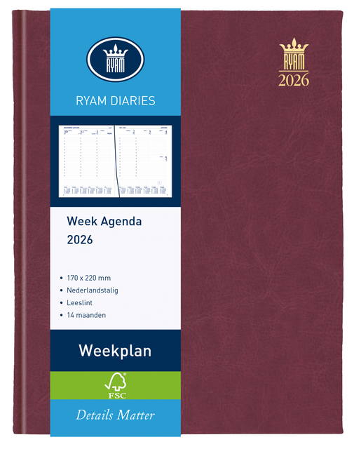 Agenda 2026 Ryam Weekplan Mundior 7dagen/2pagina’s bordeaux