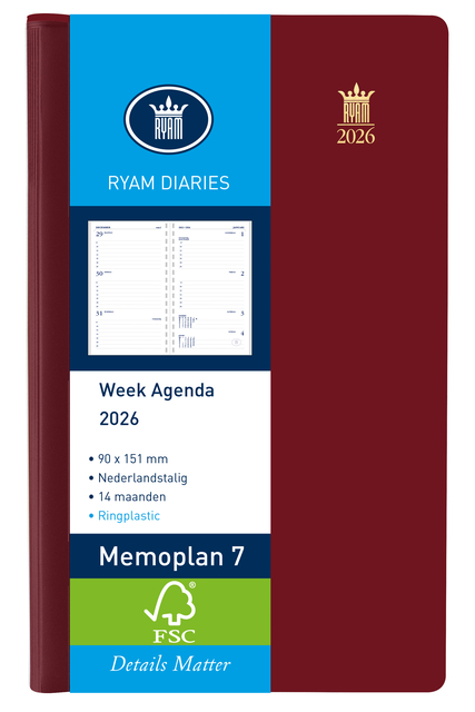 Agenda 2026 Ryam Memoplan 7 Suprema ringplasic 7dagen/2pagina’s bordeaux