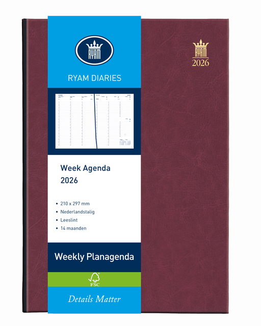 Agenda 2026 Ryam Weekly Mundior 7dagen/2pagina’s bordeaux