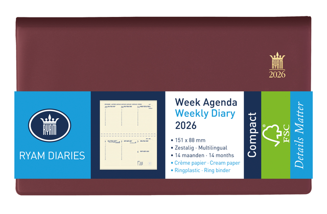 Agenda 2026 Ryam Compact Suprema 7dagen/2pagina’s ringplastic bordeaux