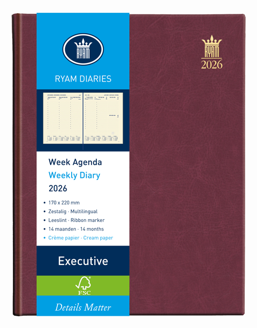 Agenda 2026 Ryam Executive Mundior 7dagen/2pagina’s bordeaux